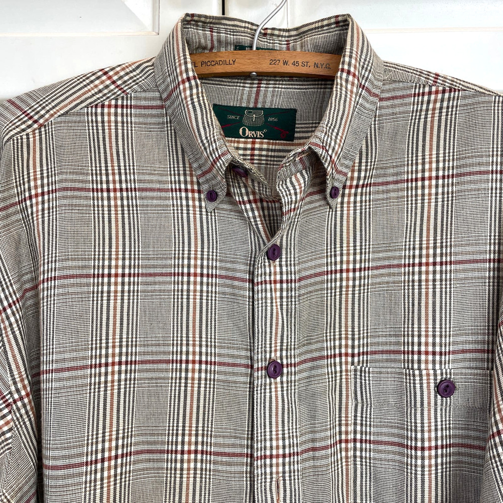 Orvis Vintage Men's Sz M Tan & Red Plaid 100% Cotton Flannel Shirt